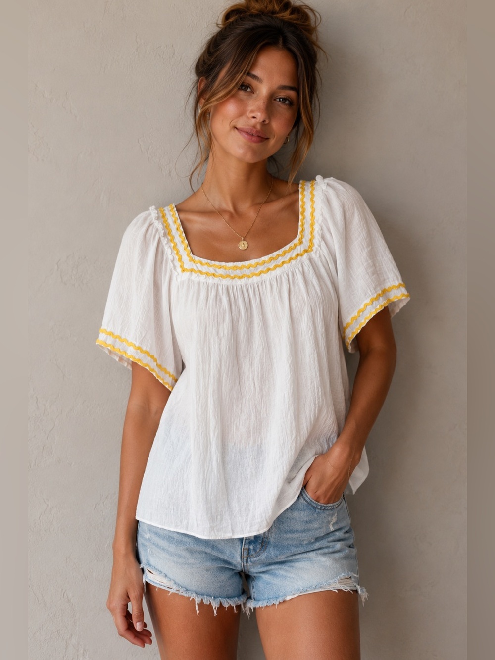 Draper James Ric Rac Peasant Blouse with Yellow Trim Cotton XXL